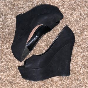 Candies Black Suede Peep Toe Wedge - Size 6.5